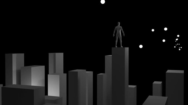 Humanoid silhouette standing on a high pedestal approached by glowing orbs of light