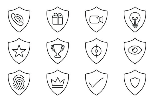 Collection of protection shield line icons featuring phone, gift, camera, bulb, star, trophy, fingerprint, and crown with editable stroke.