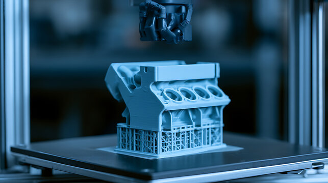 Advanced industrial 3d printer produce complex metal engine block prototype layer by layer in modern smart factory production facility