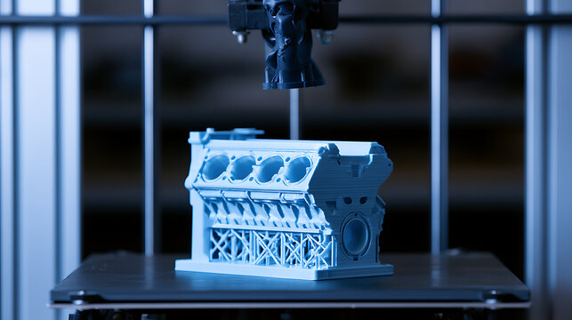 A modern 3D printer creates a detailed plastic engine block prototype in a high tech laboratory setting with blue light and precision tool