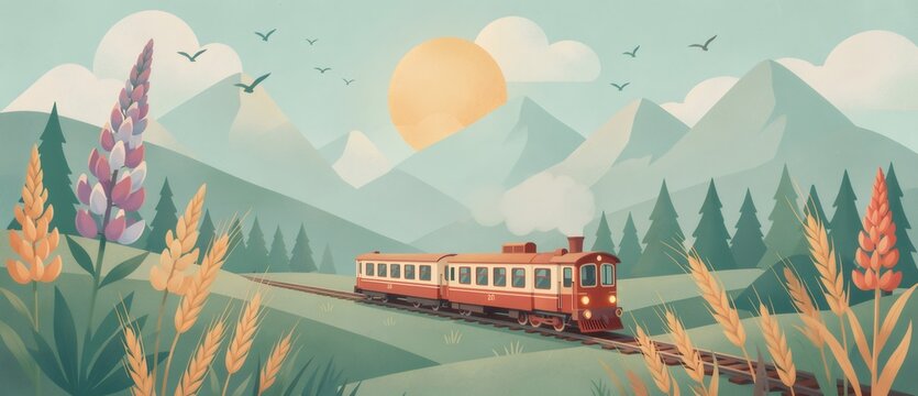 Vintage train traveling mountain landscape illustration