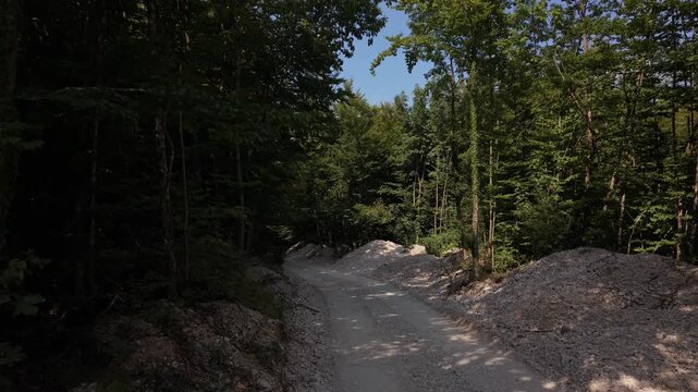 Drone View Flying Above Unpaved Dirt Road Passing Through Dense Green Forest Foot Prenj Mountain Bosnia