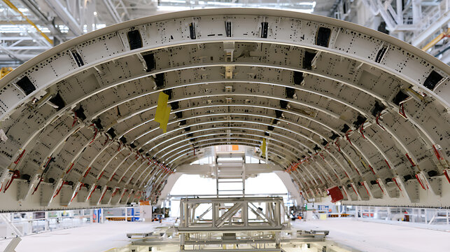 Industrial manufacturing facility interior view showing large metal fuselage structure frame curve during commercial aircraft assembly process