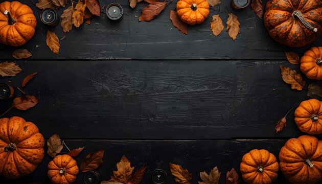 Halloween flat lay background with pumpkins and autumn leaves on dark charred wood table