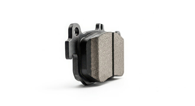 Metallic automotive brake pad for disc braking system isolated on white background showing textured friction surface in high quality studio light