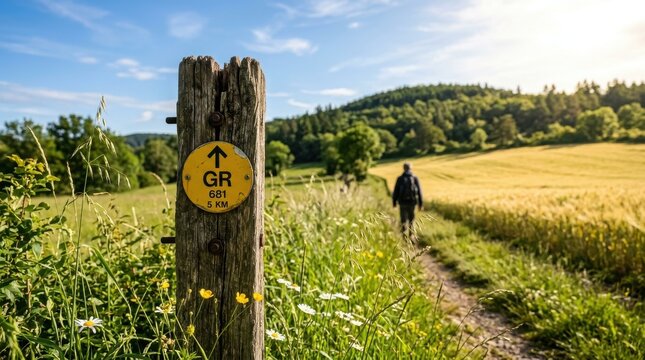 Hiker walking on a rural trail with a yellow signpost