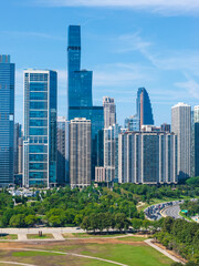 Naklejka premium Aerial shot of Skyscrapers and office buildings in the skyline in Chicago Illinois USA