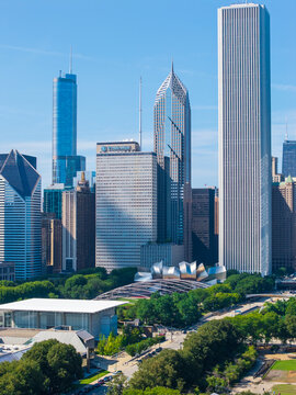 Aerial shot of Skyscrapers and office buildings in the skyline in Chicago Illinois USA