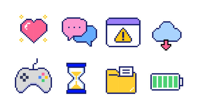 Pixel gaming and digital icon collection featuring game controller, heart, chat bubbles, warning sign, download cloud, hourglass, folder and battery symbols