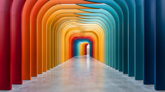 Colorful futuristic corridor with repeating curved arches