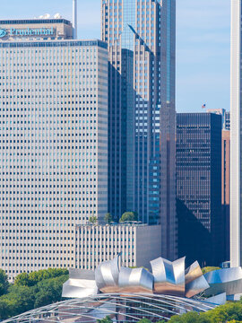 Aerial shot of Skyscrapers and office buildings in the skyline in Chicago Illinois USA