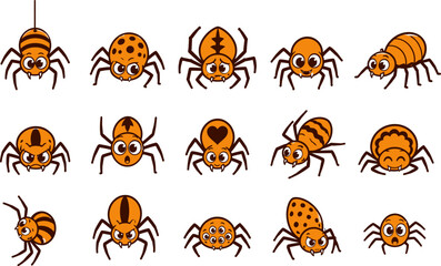 Fototapeta premium Collection of cartoon spider illustrations with various expressions and body styles on transparent background
