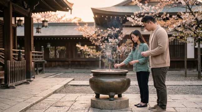 Serene Worship at a Temple: A man and woman stand before a large incense burner at a tranquil temple, surrounded by traditional architecture and blooming cherry blossoms.
