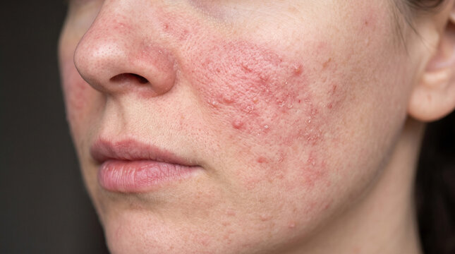 patient's cheek showing active papulopustular rosacea, characterized by persistent facial redness, inflammatory red papules, and small pustules, highlighting chronic dermatological skin