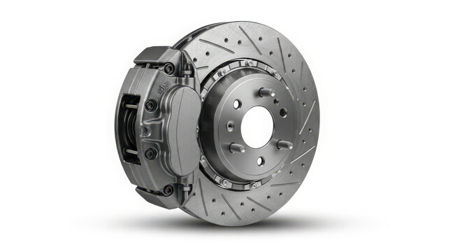 High performance ventilated disc brake assembly with metallic gray caliper isolated on white background for modern automotive vehicle repair parts