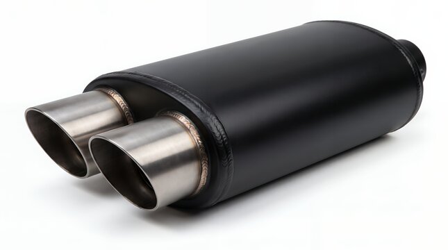Angled Dual Exhaust Motorcycle Muffler Isolated White Background