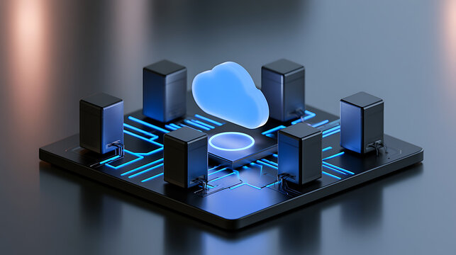 A 3d render of cloud computing infrastructure with server units and glowing circuitry on a microchip representing modern data management