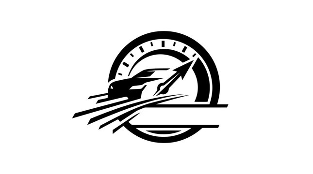 Speed and acceleration logo design featuring a dynamic car with motion lines, a speedometer dial, and an arrow symbolizing high performance and fast racing action