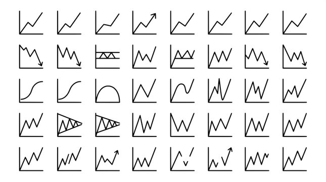 Set of line charts and market trend graphs showing financial data fluctuations with line chart financial graph data fluctua