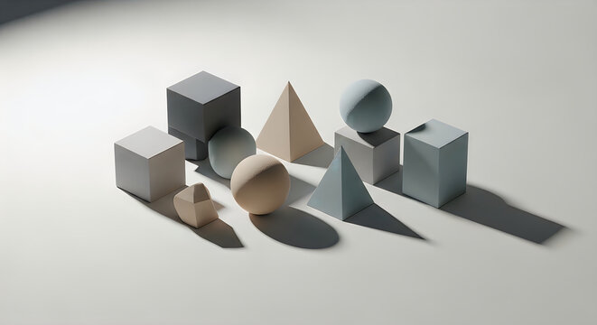 Group of assorted 3d geometric shapes with long shadows