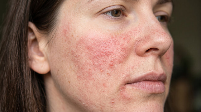 papulopustular rosacea, close-up of the patient's cheek, inflammatory facial redness, red papules and pustules, dermatological skin condition, facial skin pathology
