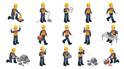 Naklejka premium Construction Worker Characters in Various Poses and Actions.
