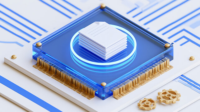 A 3D render of a blue processor chip on a circuit board with document stack and glowing ring, symbolizing digital data and software