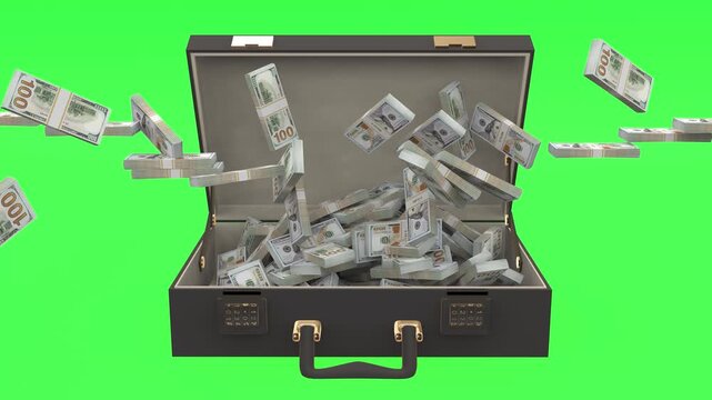 United states dollar bills flying from all directions into an open briefcase