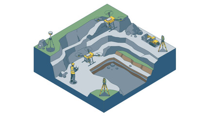 Fototapeta premium Isometric illustration of a quarry with workers and machinery.
