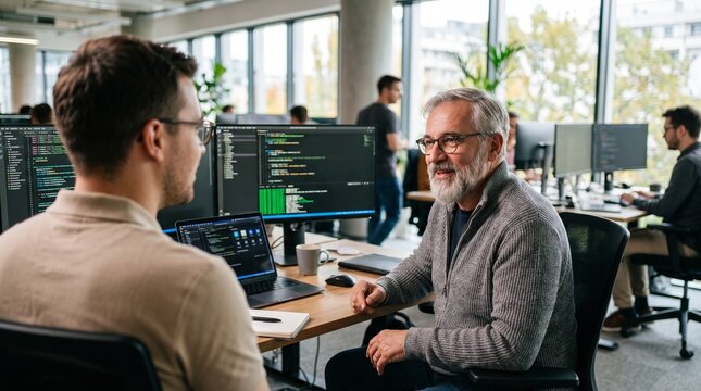 Two male colleagues discussing code on computer screens in a modern office