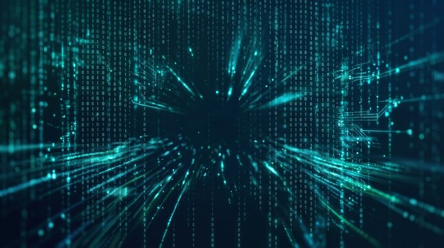 Abstract digital data stream with binary code and glowing lines