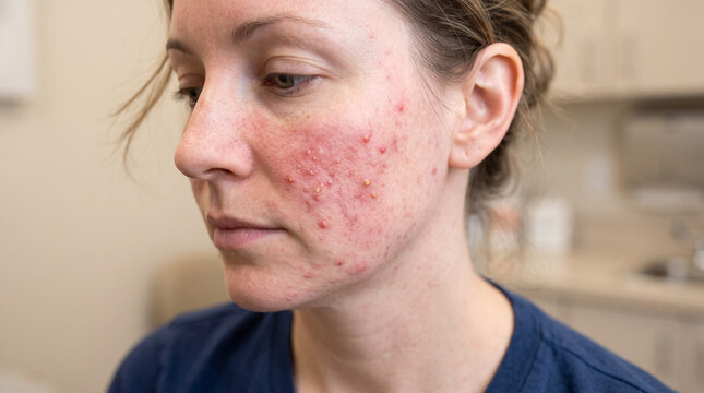 papulopustular rosacea, close-up of the patient's cheek, chronic rosacea symptoms, inflammatory facial redness, red papules and pustules, dermatological skin condition, facial skin pathology, medical 
