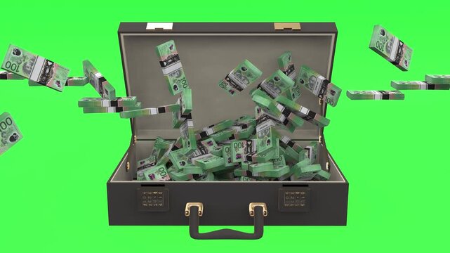 Australian dollar bill bundles flying from all directions into an open briefcase