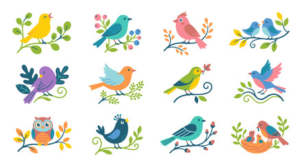 Fototapeta premium Collection of colorful cartoon birds perched on branches with leaves and flowers.