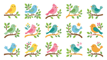 Fototapeta premium Collection of colorful cartoon birds perched on tree branches.