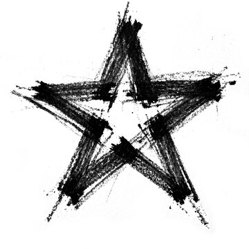Hand-drawn grunge black star with rough ink brush strokes and splatter effects on white background. Perfect for rock, punk, or edgy design projects