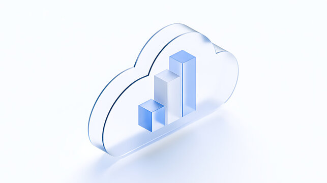 Minimalist 3D glass cloud icon with a rising data chart inside, symbolizing business growth, cloud computing, and digital analytics data