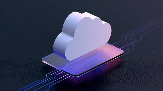 3D render of a white cloud symbol floating above digital electronic circuit board background representing modern cloud computing and network data
