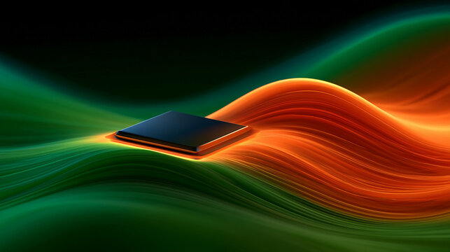 Colorful waves surround a black chip on a dark background with flowing designs in green and orange colors