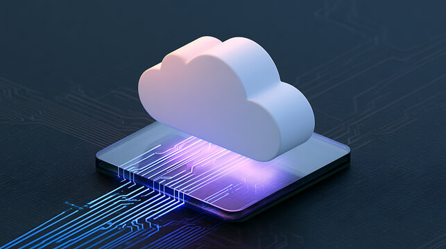 Cloud computing concept with digital cloud icon hover above microprocessor circuit board, data storage and network security illustration