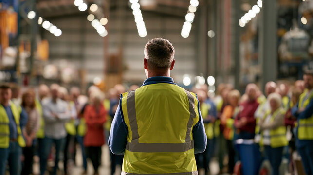 Gathering of workers listening to a speaker in a large warehouse during a daytime meeting