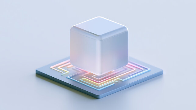 Abstract 3D render featuring a glowing translucent cube floating above a circuit board with colorful neon light paths for tech concepts