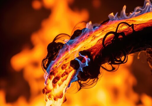 A slow motion close up of a burning petroleum stream creates abstract fiery textures with thick black smoke against a scorching hot inferno, intense, background, element
