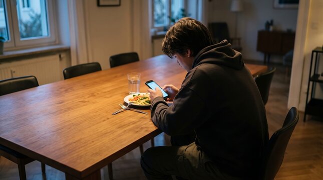 Young man sits hunched over his smartphone at a wooden dining table during dinner in a modern apartment.