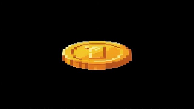 Pixel Art Gold Coin Spinning and Flipping 8-Bit Game Animation Loop on Black Background