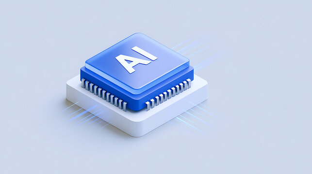3D render of blue artificial intelligence microchip processor icon with glowing data light lines on clean minimal white studio background