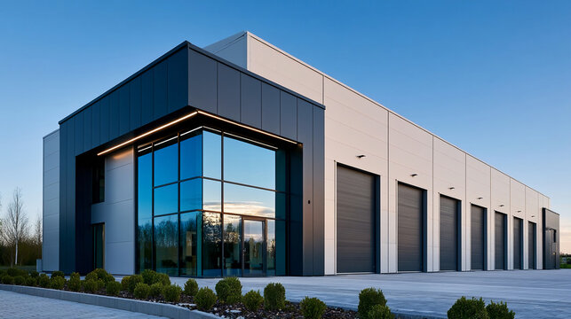 Modern warehouse building with large windows and loading bays during evening light