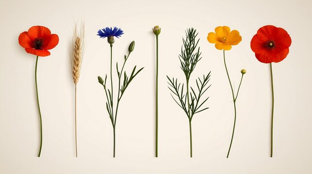 Wildflowers and wheat stems arranged in a row on a white background  