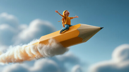 Fototapeta premium Child rides a giant pencil through the sky with clouds around during a bright day