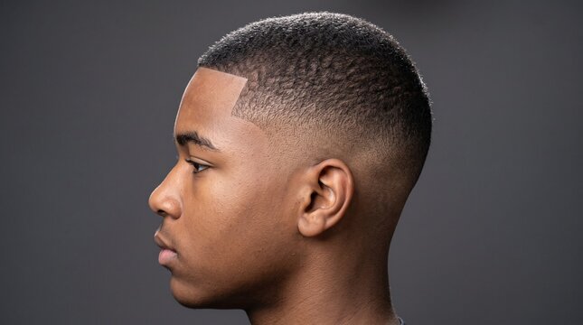 Modern buzz cut fade hairstyle on young Black man, profile view of short tapered haircut, professional barber grooming for men